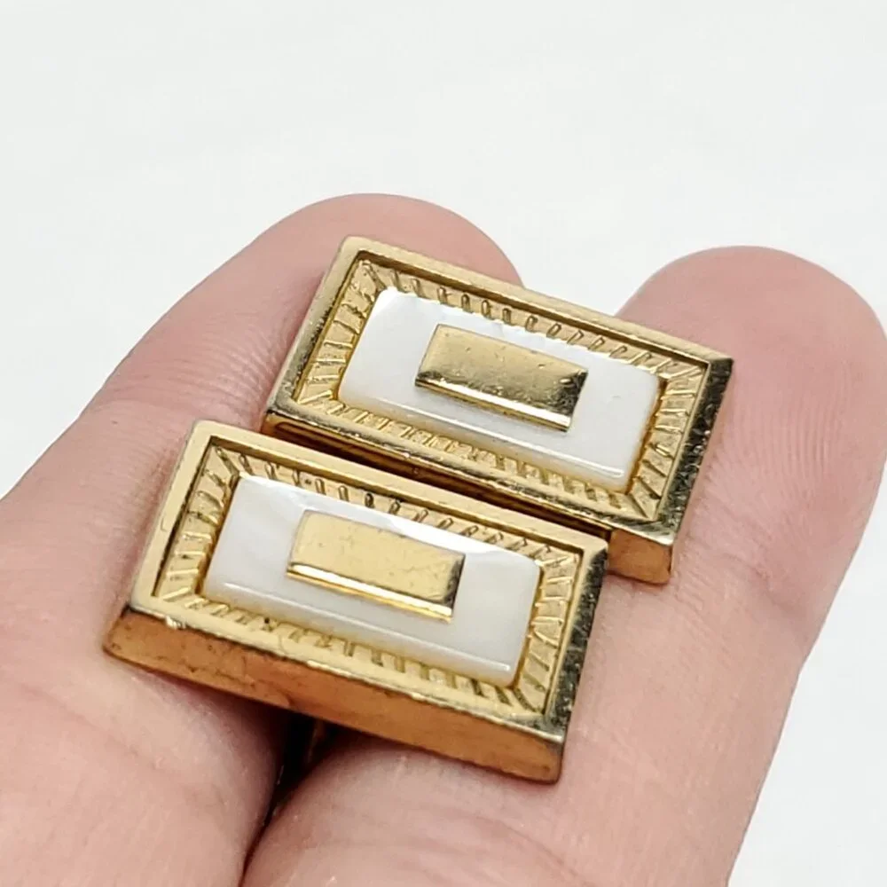 Vintage Anson Cufflinks Gold Tone White Mother Of Pearl Rectangle